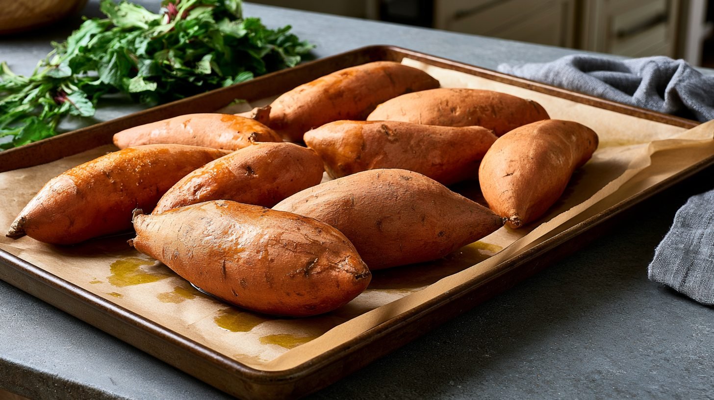 Sweet potatoes prepared for roasting on a baking tray.