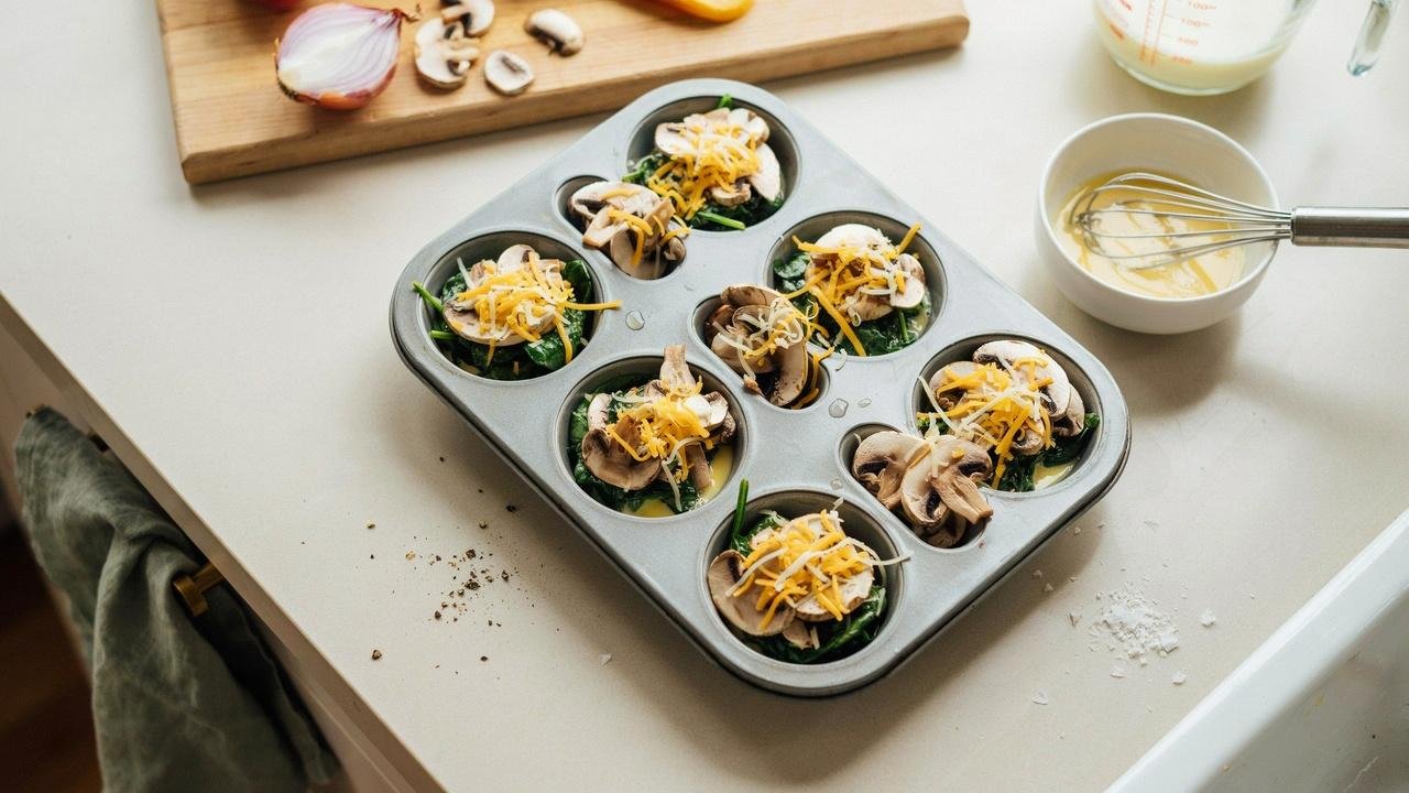 Muffin cups filled with spinach, mushrooms, cheese, and egg mixture before baking.