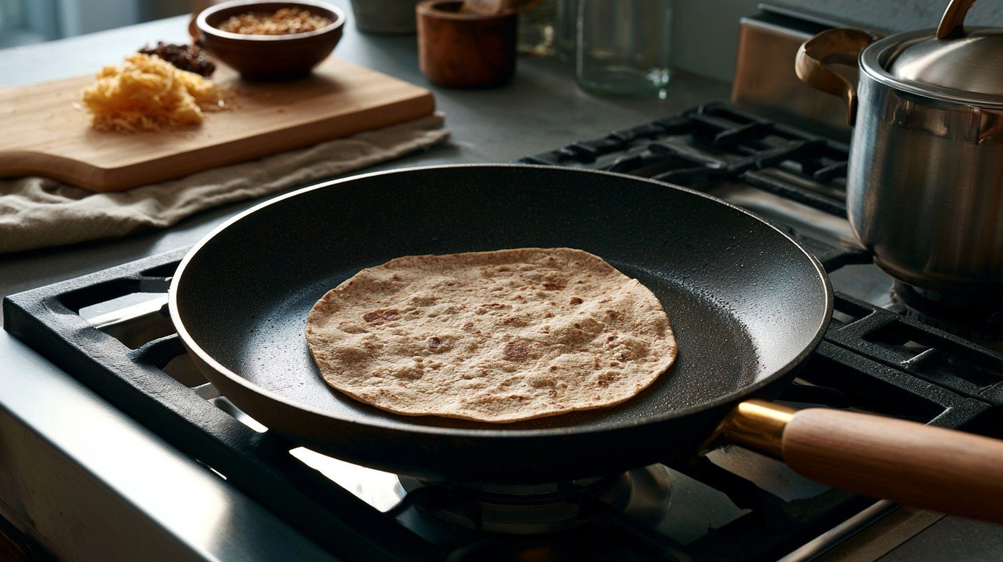Warming a tortilla before making a turkey wrap.