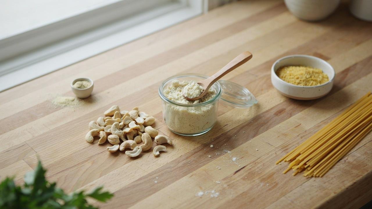 Homemade cashew parmesan in a glass jar with raw cashews and nutritional yeast on a kitchen counter.