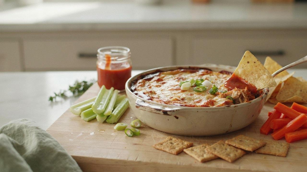 Creamy dairy free buffalo chicken dip served with fresh vegetables, chips, and crackers.