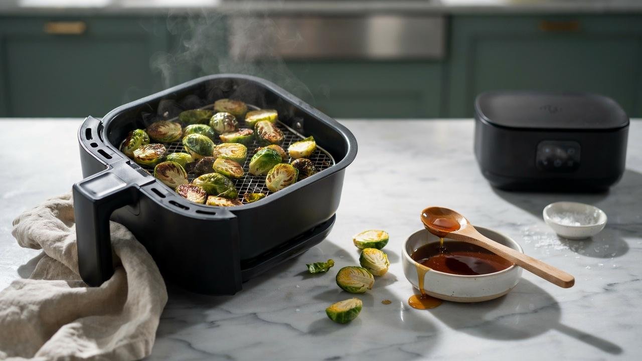 Crispy air fryer Brussels sprouts tossed in warm honey balsamic glaze for a quick and flavorful side dish.