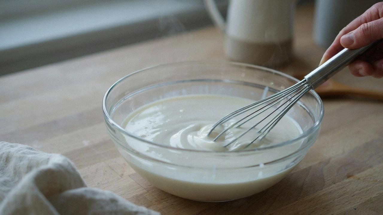 Yogurt starter being whisked into warm raw milk in a saucepan.
