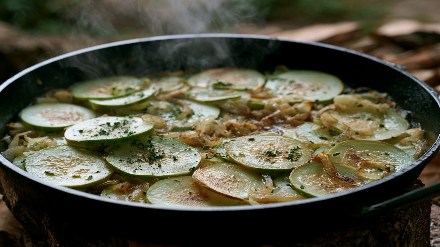 Kohlrabi slices cooking until tender in a skillet.