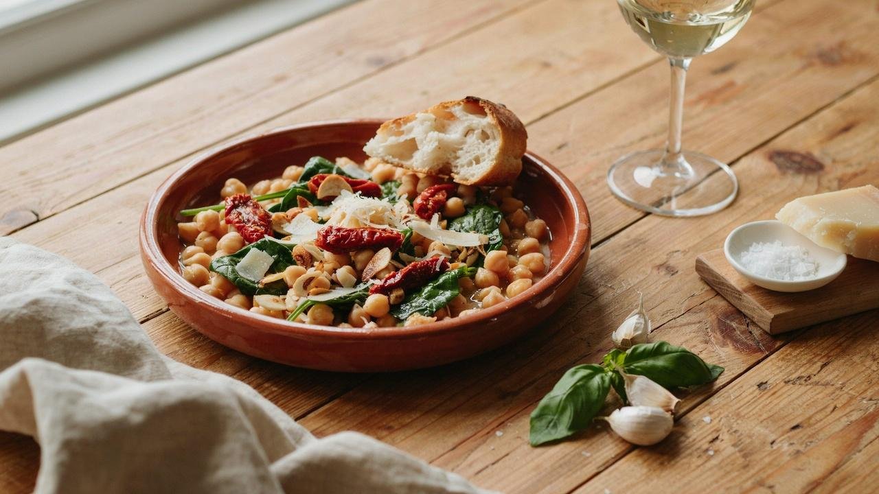 Bowl of creamy Tuscan chickpeas with spinach, sun-dried tomatoes, and creamy sauce served with crusty bread.
