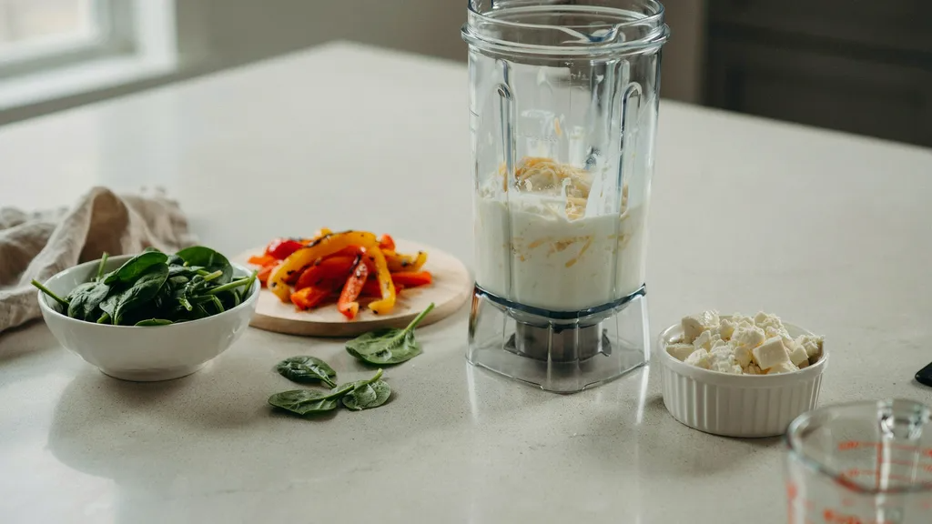 Blending egg whites and cheese into a smooth mixture.