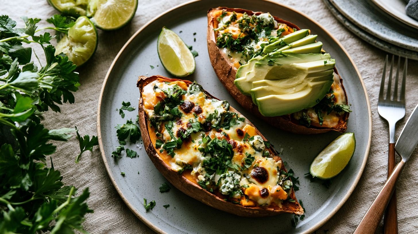 Easy homemade sweet potato boats served for a healthy dinner.