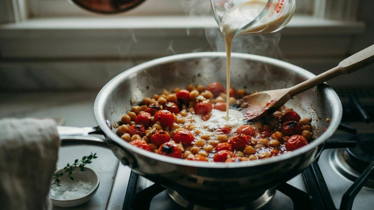 Cream being stirred into chickpeas and tomatoes to create a rich, creamy Tuscan sauce.