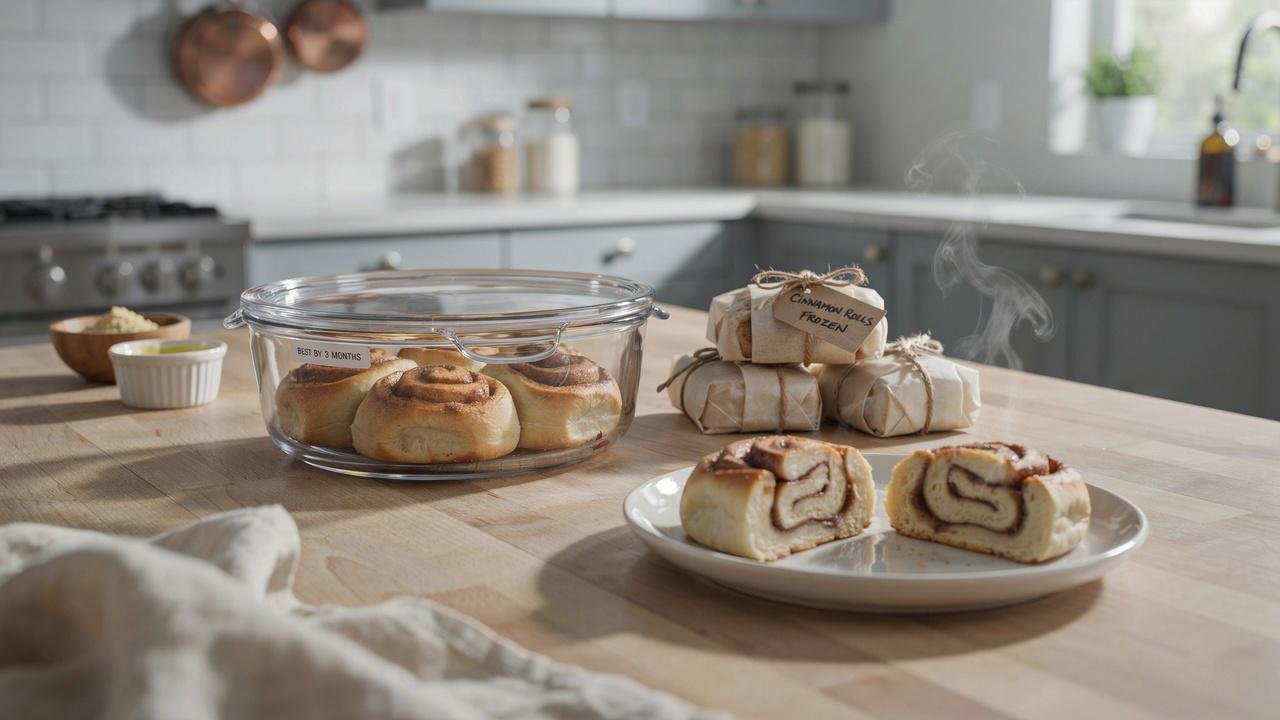 Healthy cinnamon rolls stored in airtight containers for refrigeration and freezing.