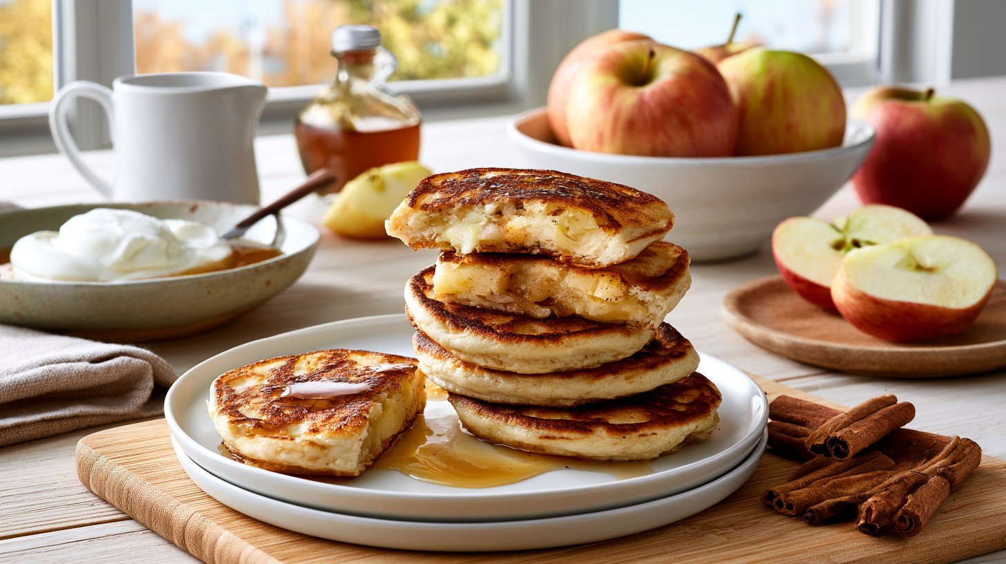Soft apple cottage cheese pancakes served with yogurt, apples, and maple syrup.