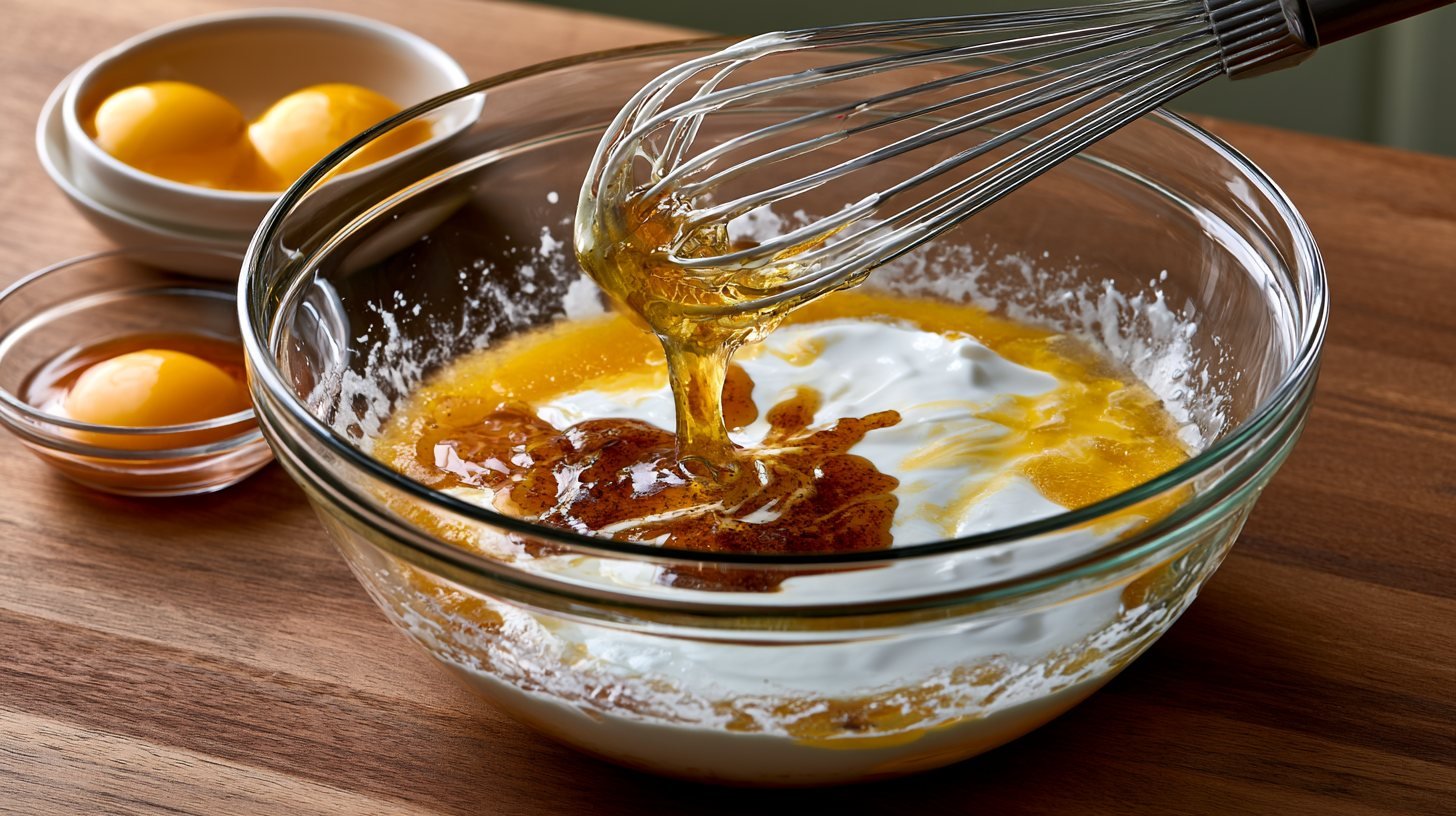 Mixing wet ingredients for healthy apple bread.