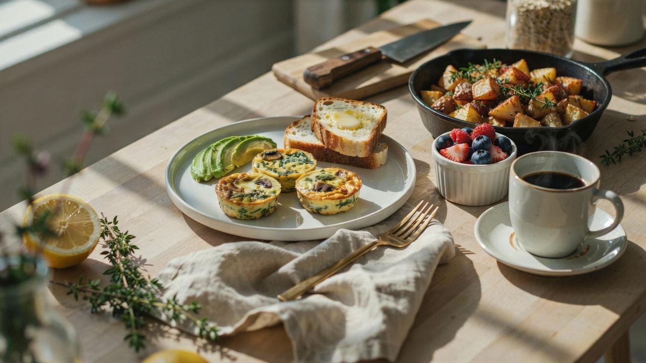 Spinach mushroom egg bites served with avocado, toast, potatoes, fruit, and coffee.