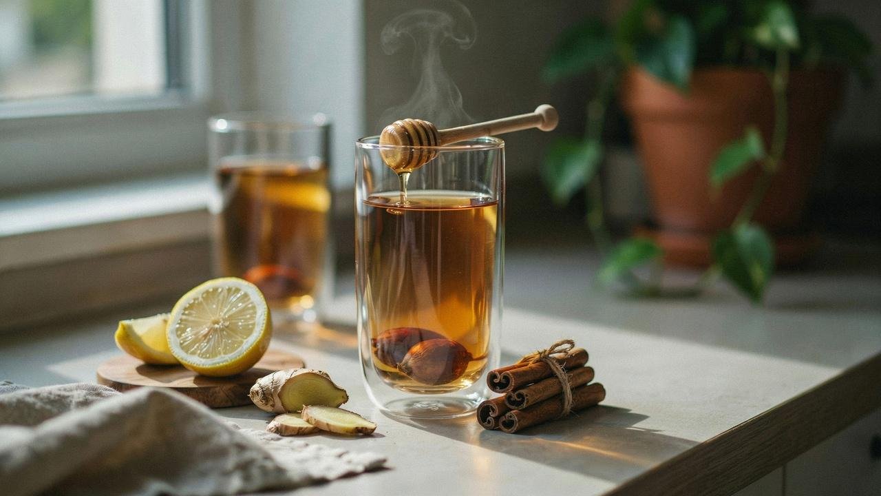 Avocado seed tea with honey, lemon, cinnamon, and ginger for added flavor.