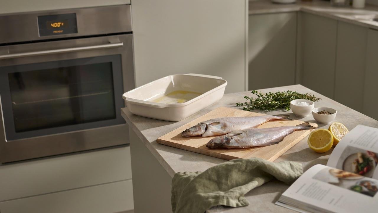 Oven preheating to 400 degrees with a prepared baking dish for flounder.