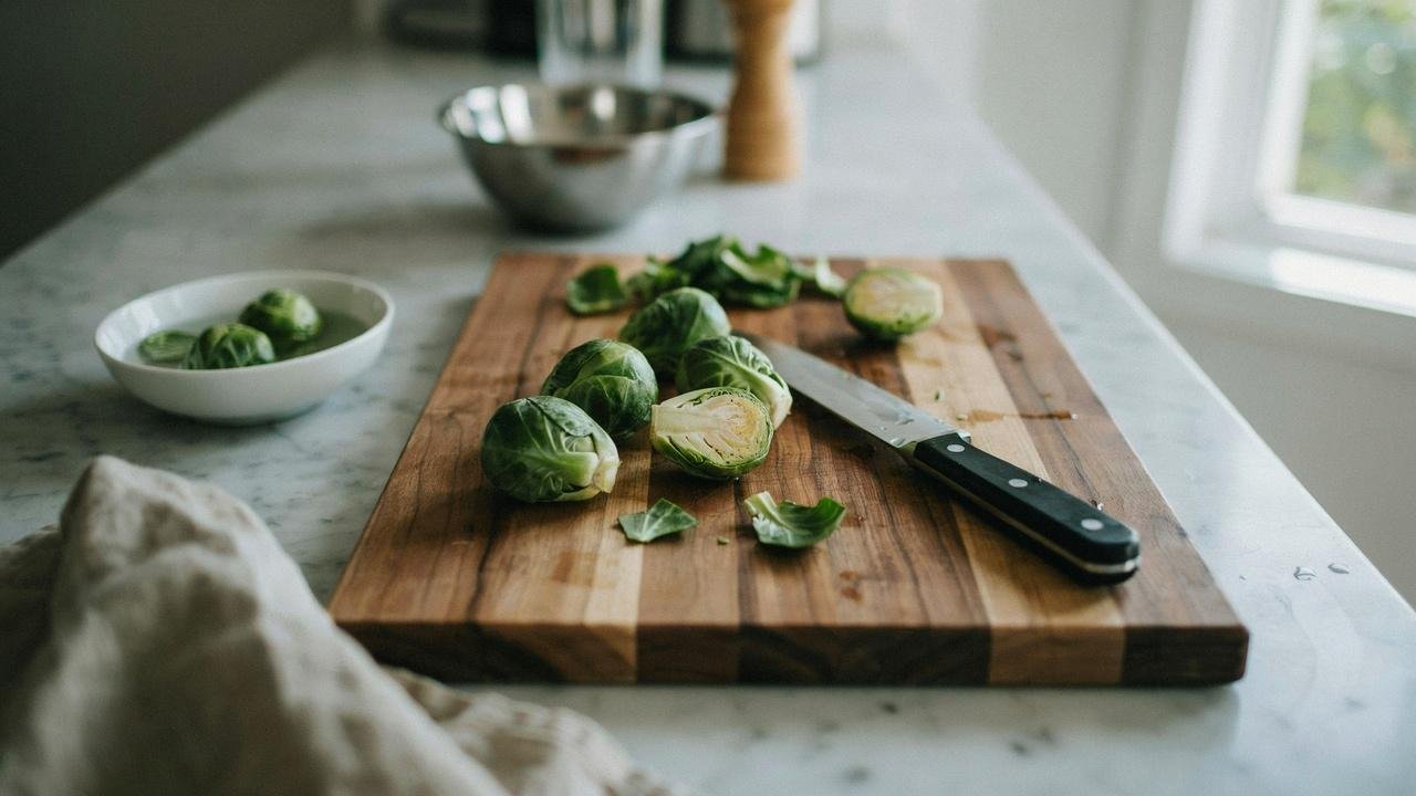 Fresh Brussels sprouts being washed, trimmed, and halved on a cutting board before roasting.