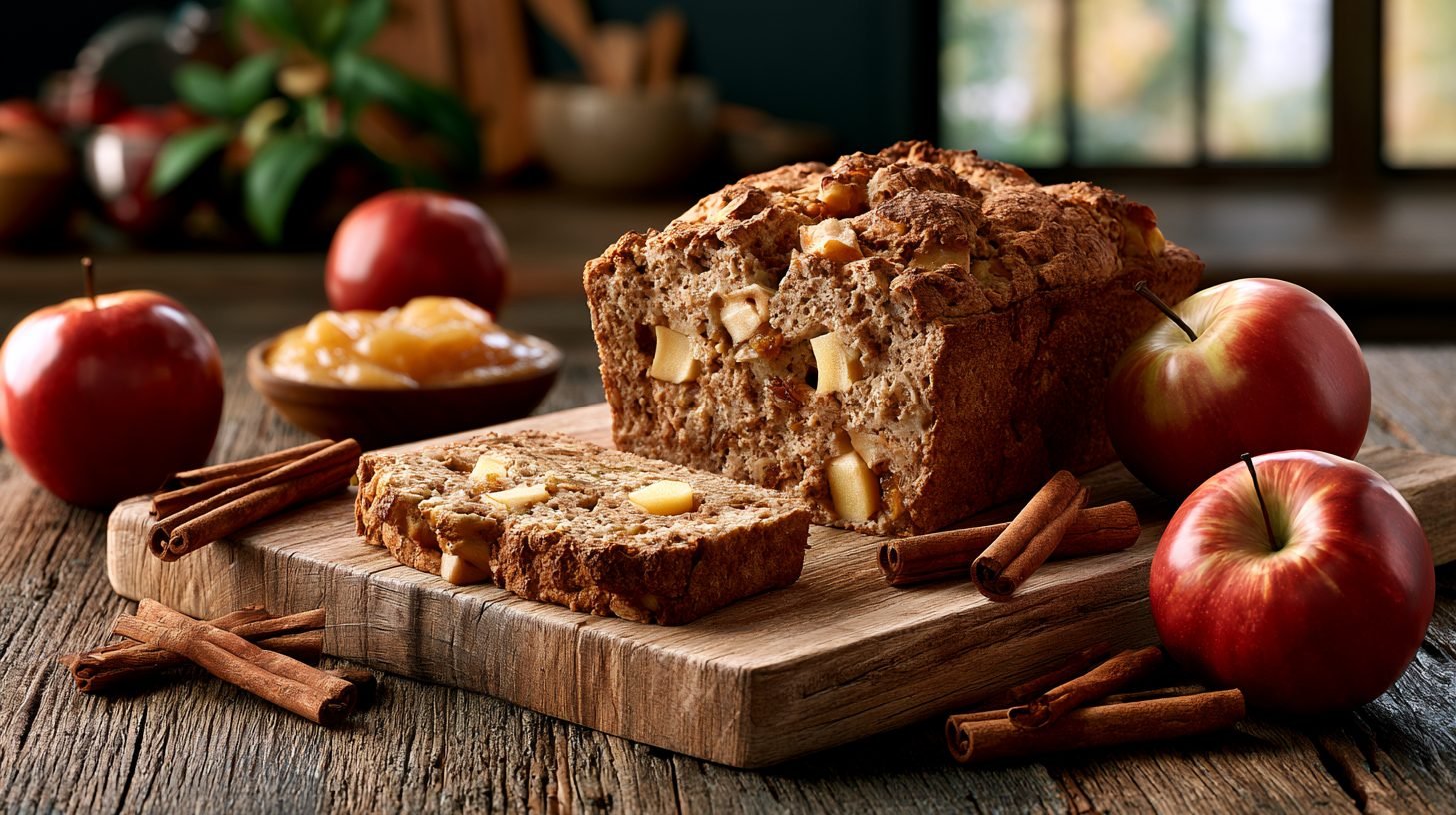 Healthy apple bread loaf sliced with fresh apples and cinnamon on a wooden board.