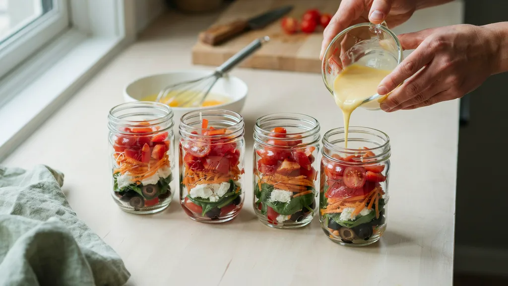 Filling mason jars with egg white mixture before cooking.