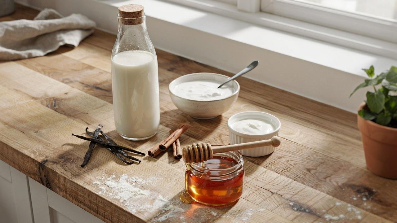Ingredients for making homemade raw milk yogurt arranged on a kitchen counter.