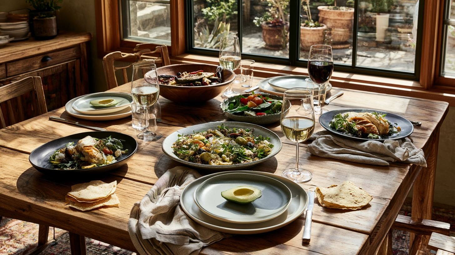 Quinoa con pollo served with healthy side dishes.