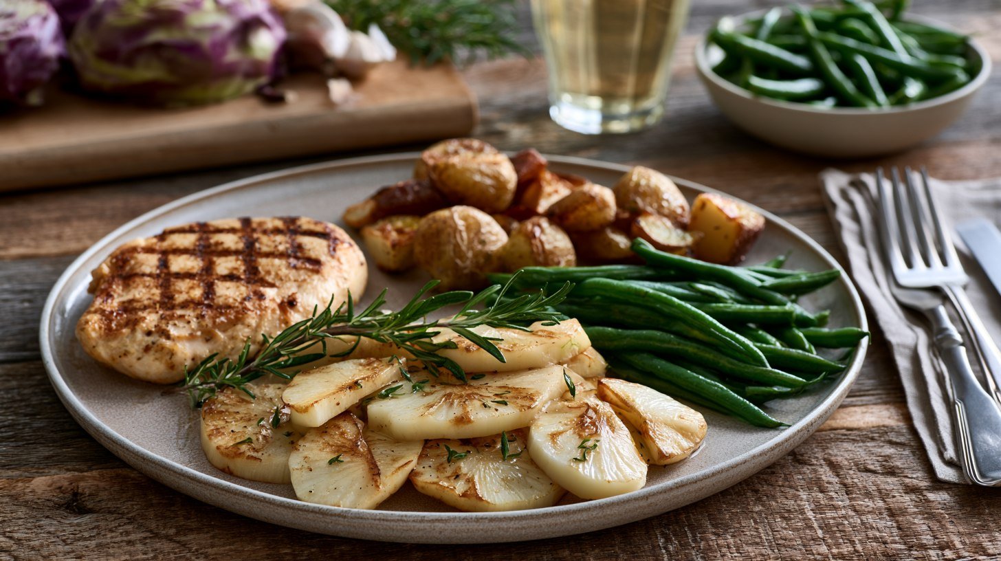 Sauteed kohlrabi served with grilled chicken and vegetables.