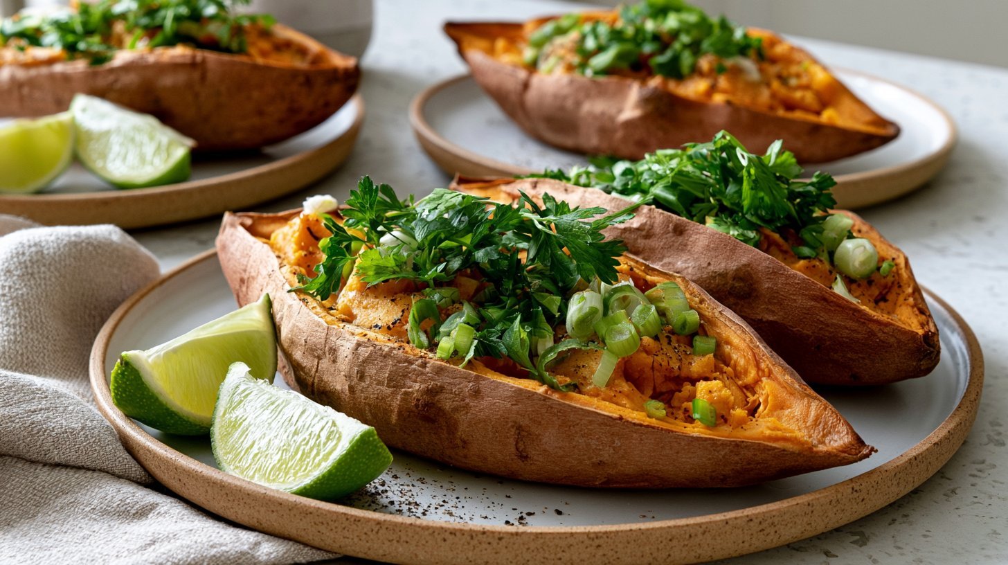 Garnished sweet potato boats ready to serve.