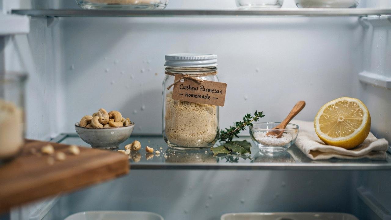 Homemade cashew parmesan stored in a sealed glass jar in the refrigerator for freshness.
