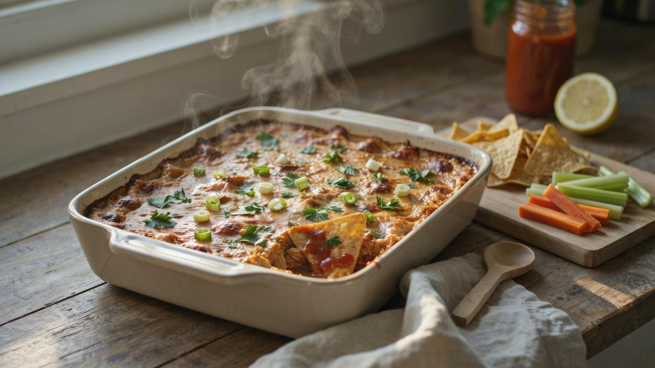 Freshly baked dairy free buffalo chicken dip with bubbly golden edges.