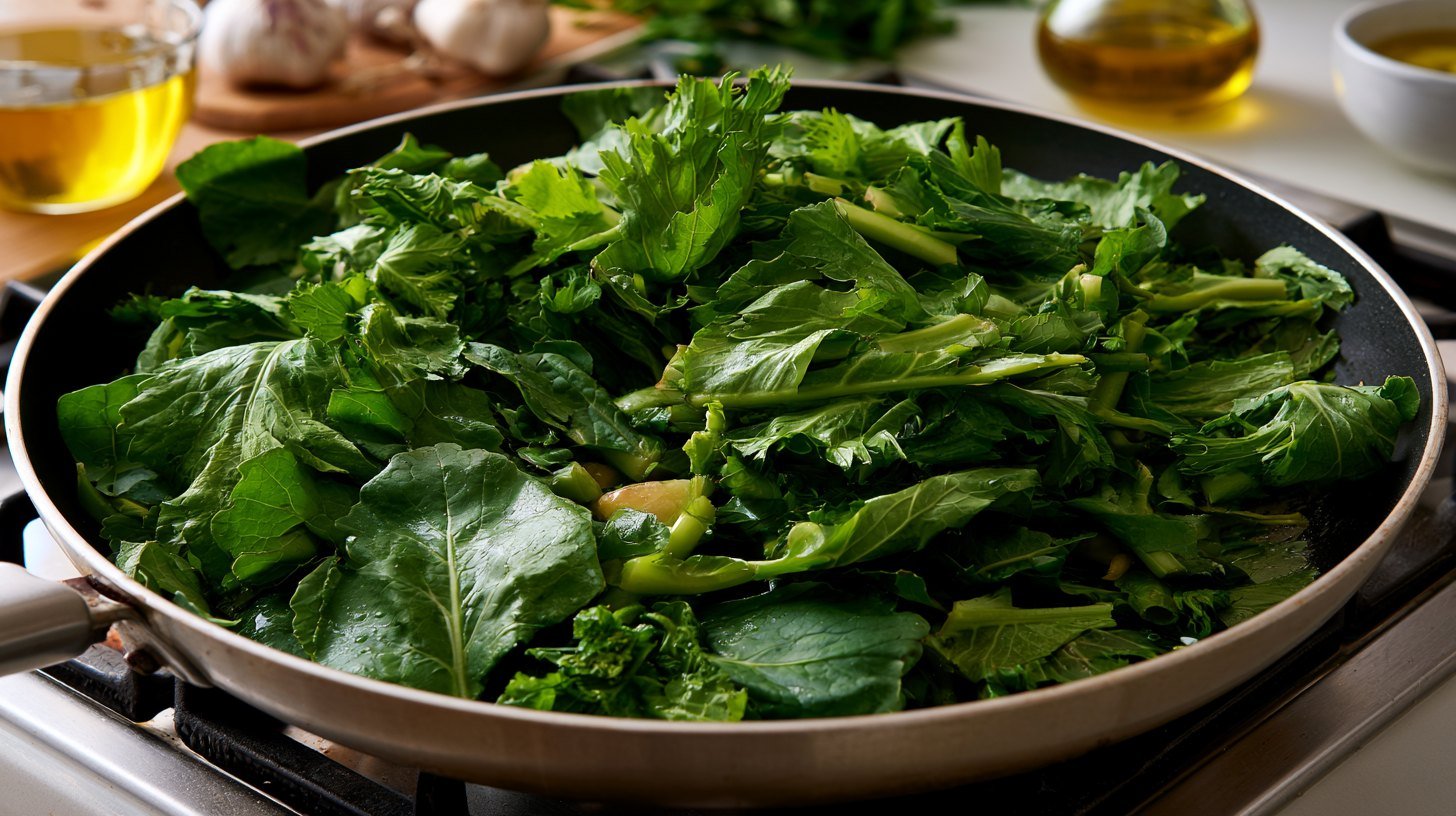 Fresh sauteed kohlrabi greens cooked with garlic.