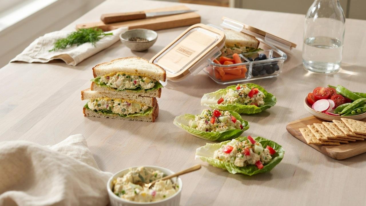 Different serving ideas for high protein egg salad including sandwiches, lettuce wraps, crackers, and meal prep.