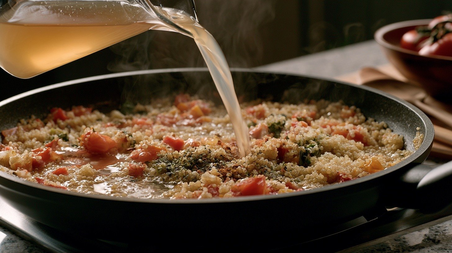 Adding broth to quinoa and vegetables for cooking.