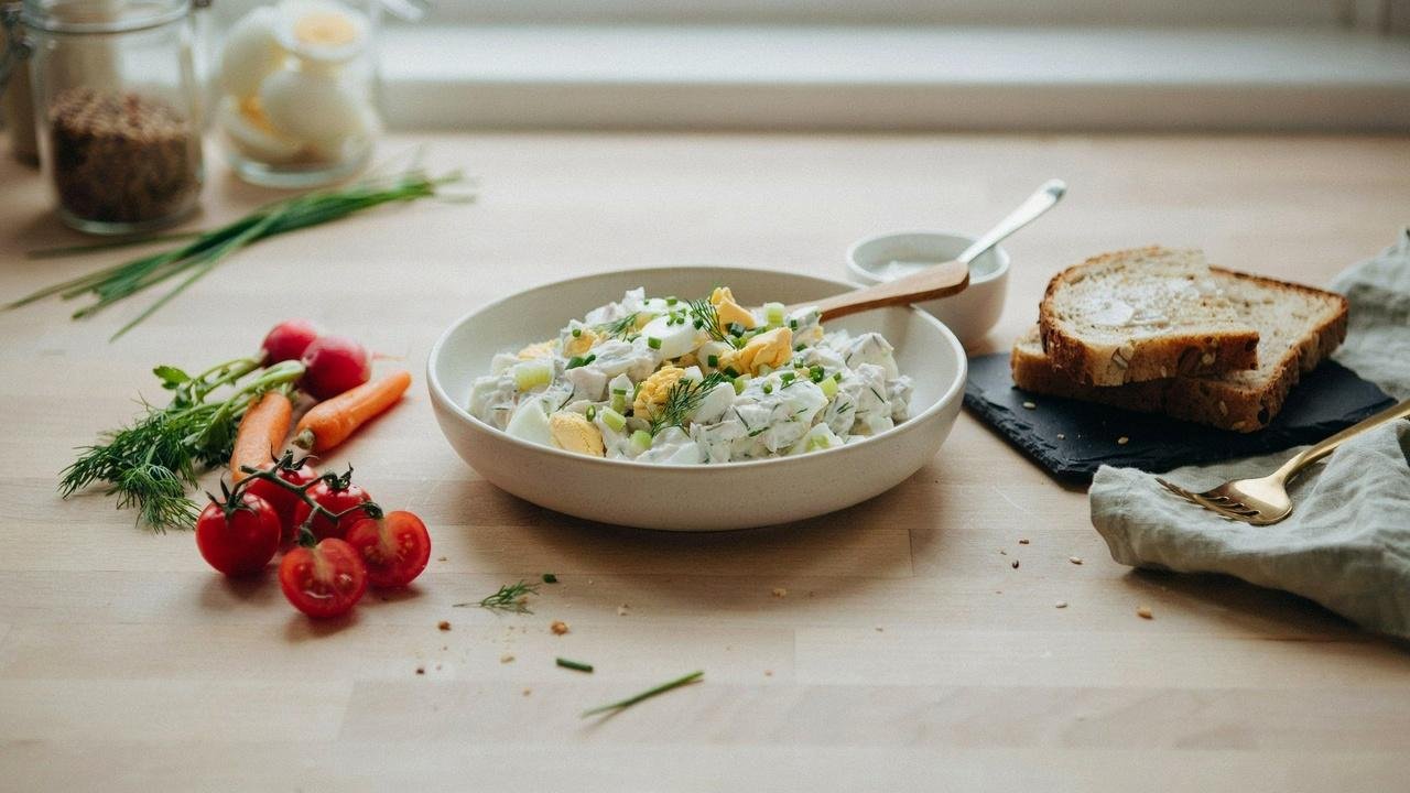High protein egg salad made with eggs, Greek yogurt, celery, and herbs served with whole grain toast.