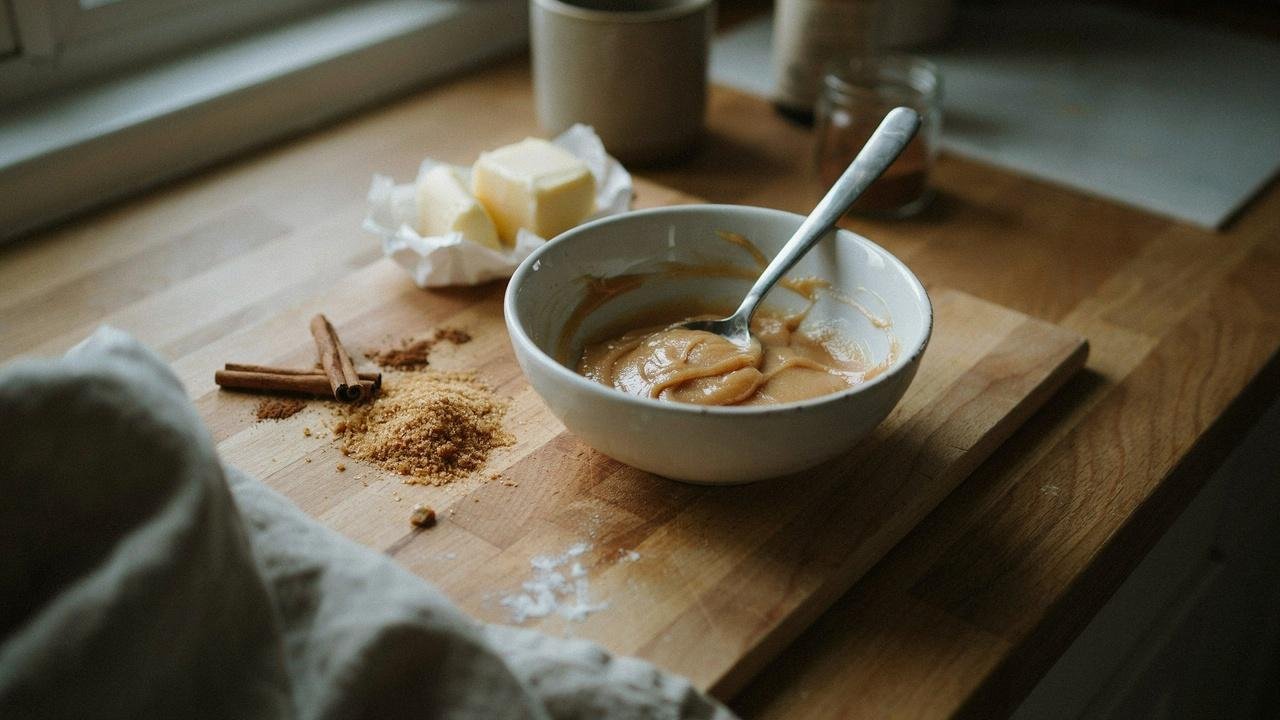 Mixing butter, cinnamon, and coconut sugar into a smooth filling for healthy cinnamon rolls.