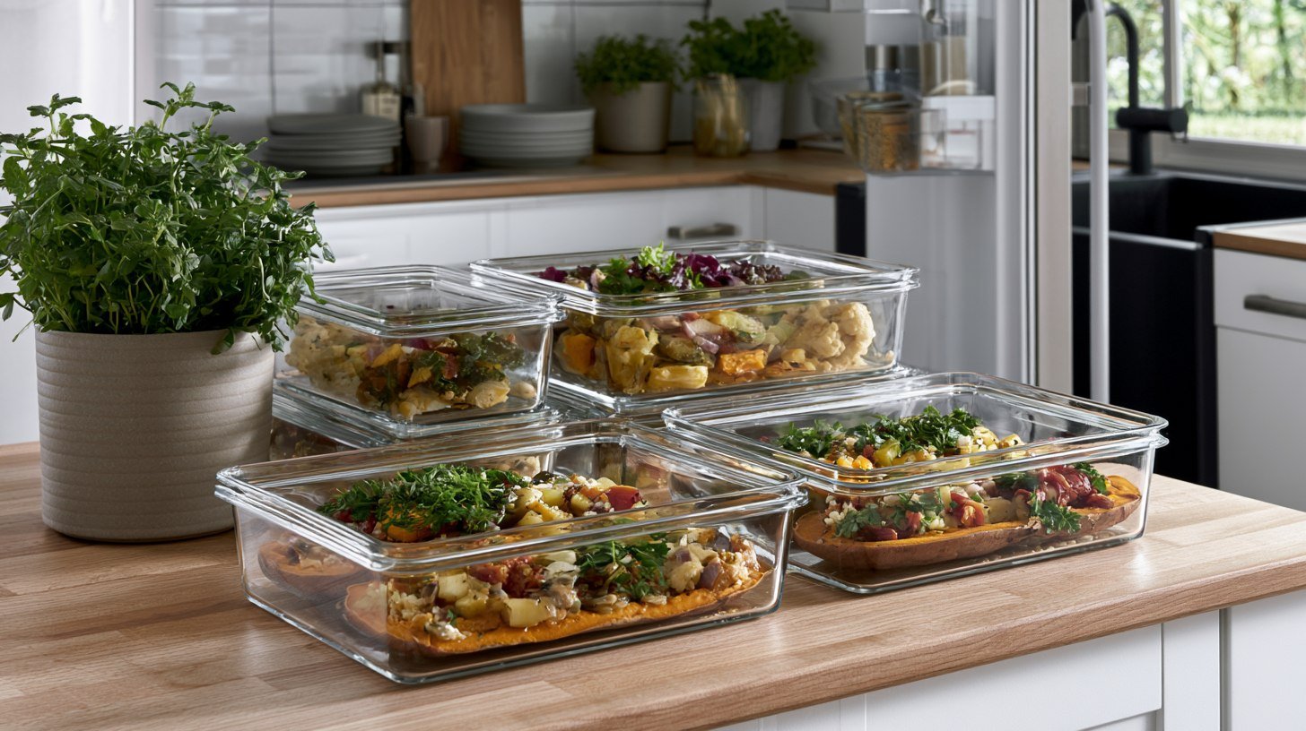 Sweet potato boats stored in meal prep containers.