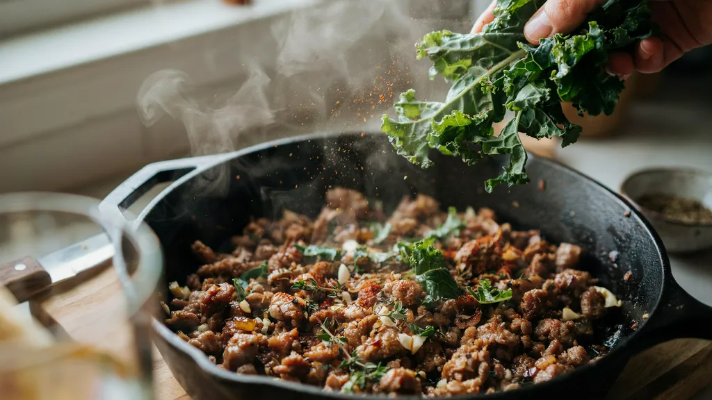 Kale and spices being added to ground turkey.
