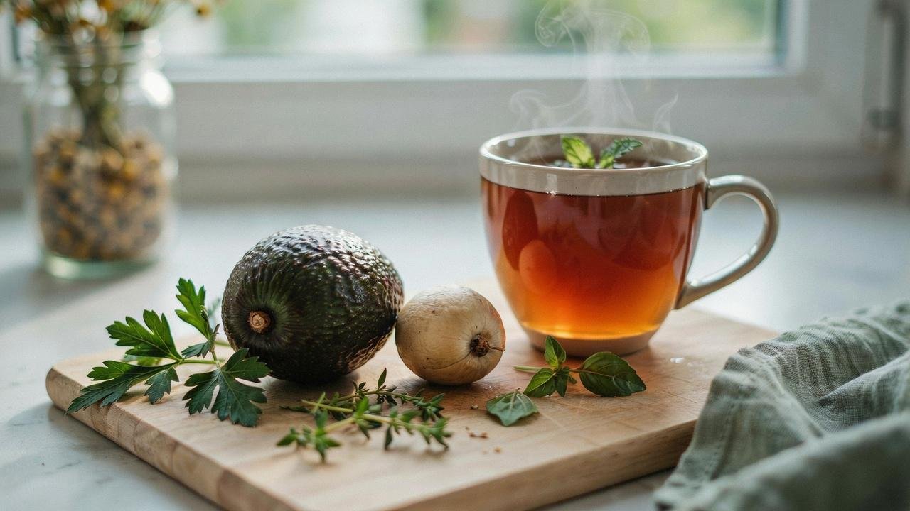 Avocado seed and a warm cup of herbal tea prepared for brewing at home.