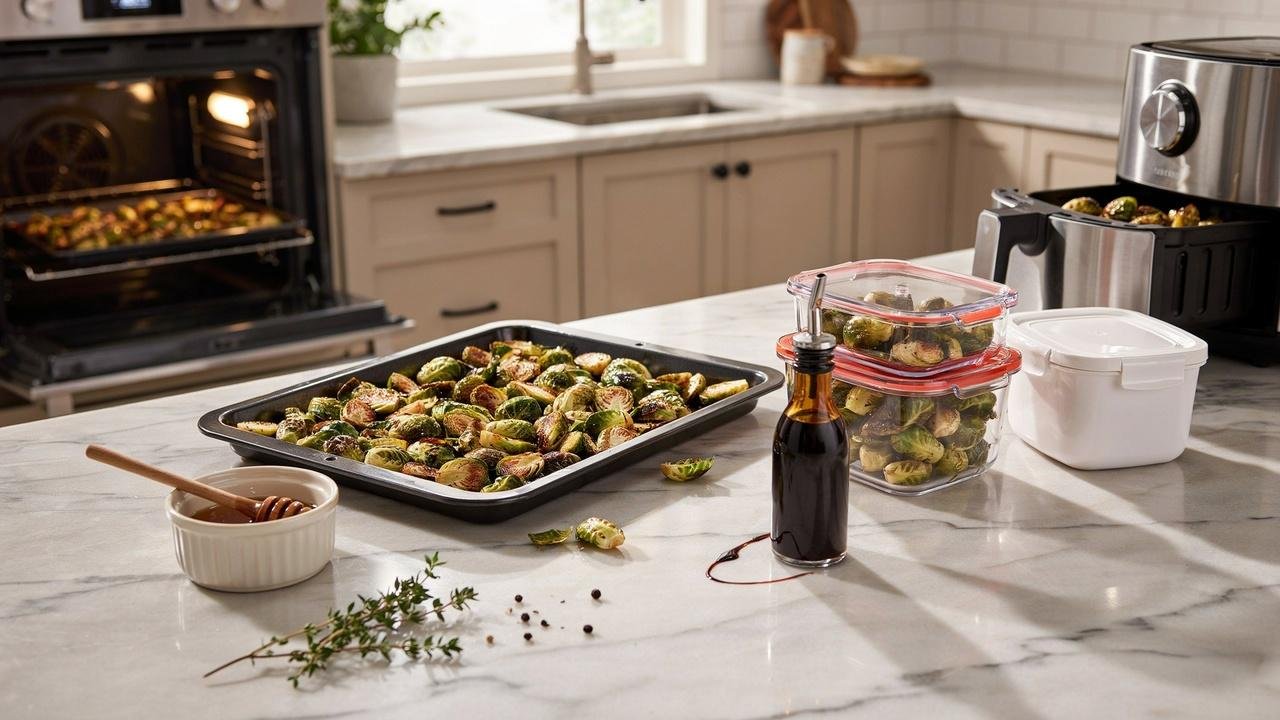 Honey balsamic Brussels sprouts stored in containers and reheated for a crispy texture.