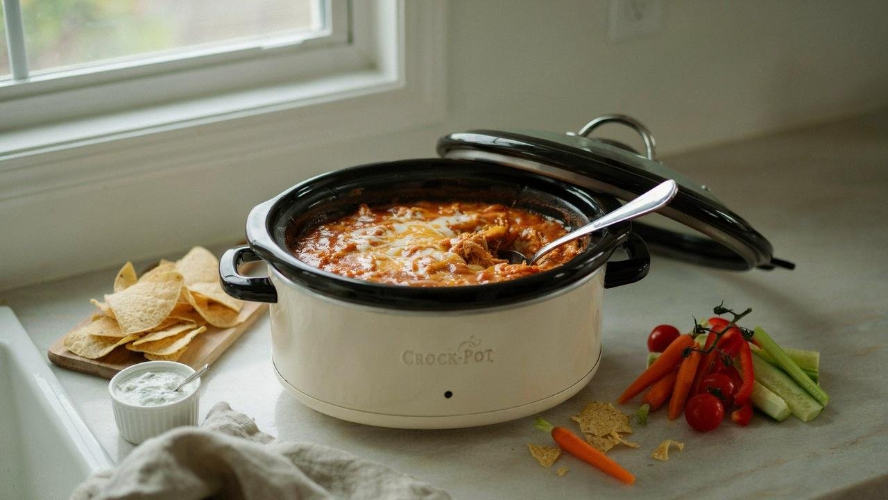 Dairy free buffalo chicken dip kept warm in a slow cooker.
