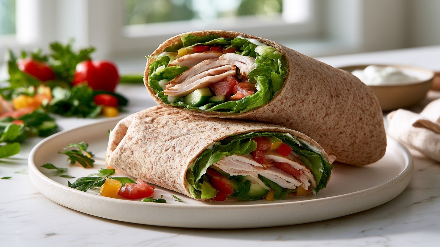 Healthy turkey wraps made with whole wheat tortillas, sliced turkey, lettuce, cucumber, and tomatoes on a white plate.