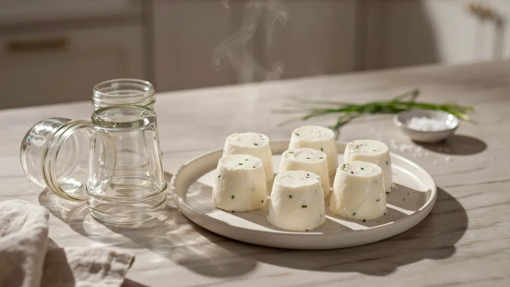 Freshly cooked sous vide egg white bites cooling on a plate.