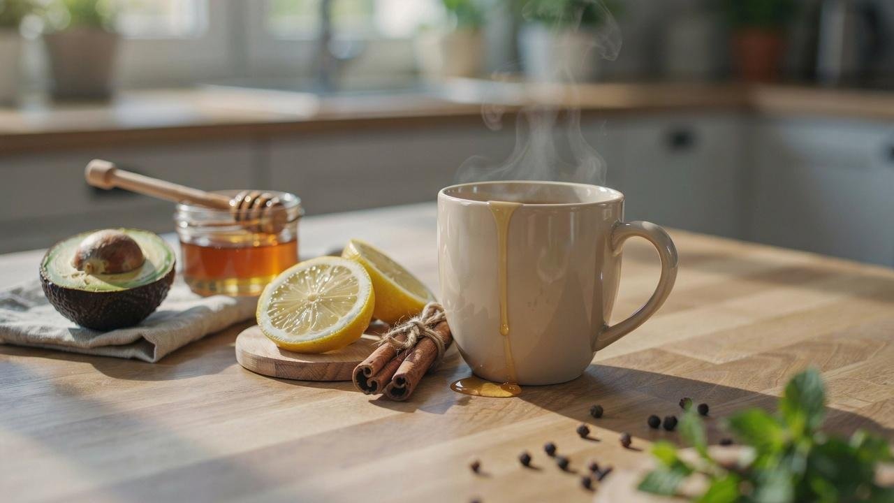 Homemade avocado seed tea served with honey, lemon, and cinnamon for added flavor.