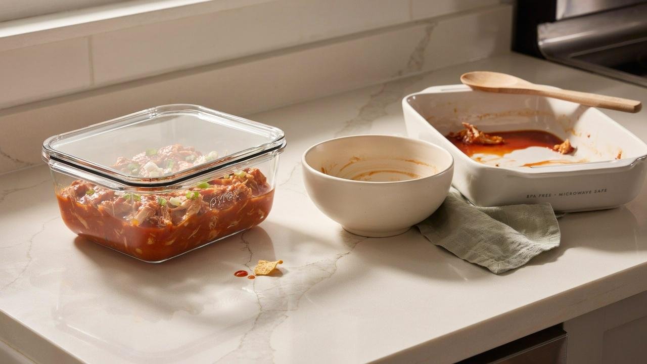 Stored dairy free buffalo chicken dip ready for reheating.