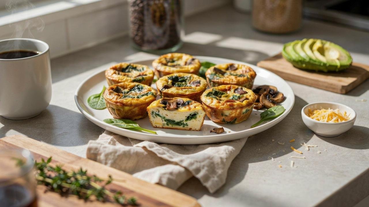 Soft and cheesy spinach mushroom egg bites served with fresh ingredients for a healthy breakfast.