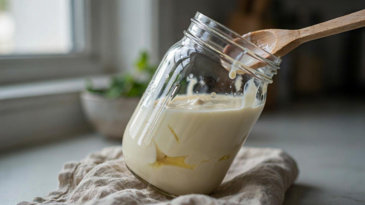 Thick homemade raw milk yogurt in a jar tilted to show proper set texture.