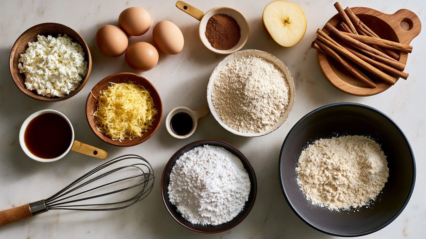 Ingredients needed to make apple cottage cheese pancakes arranged on a countertop.