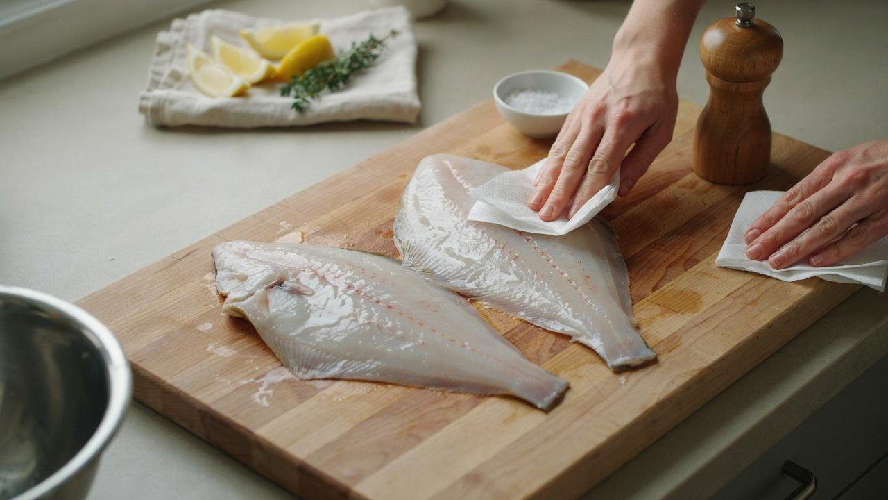 Fresh flounder fillets being patted dry with paper towels before baking.