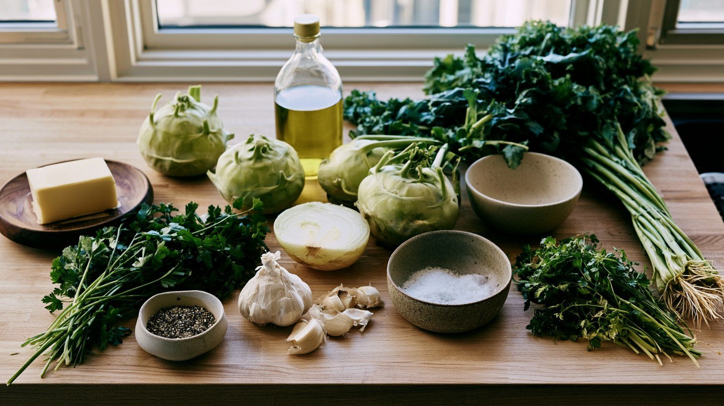 Fresh ingredients needed to make sauteed kohlrabi.