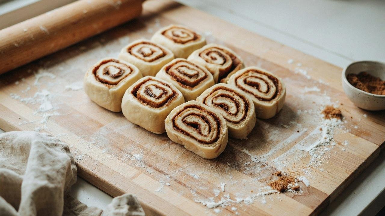 Rolling cinnamon dough with filling and slicing it into even healthy cinnamon rolls.