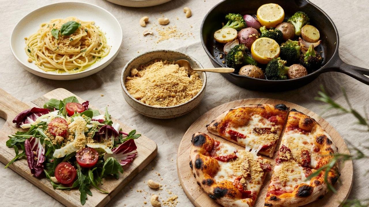 Cashew parmesan sprinkled over pasta, salad, pizza, and roasted vegetables as a versatile dairy-free topping.