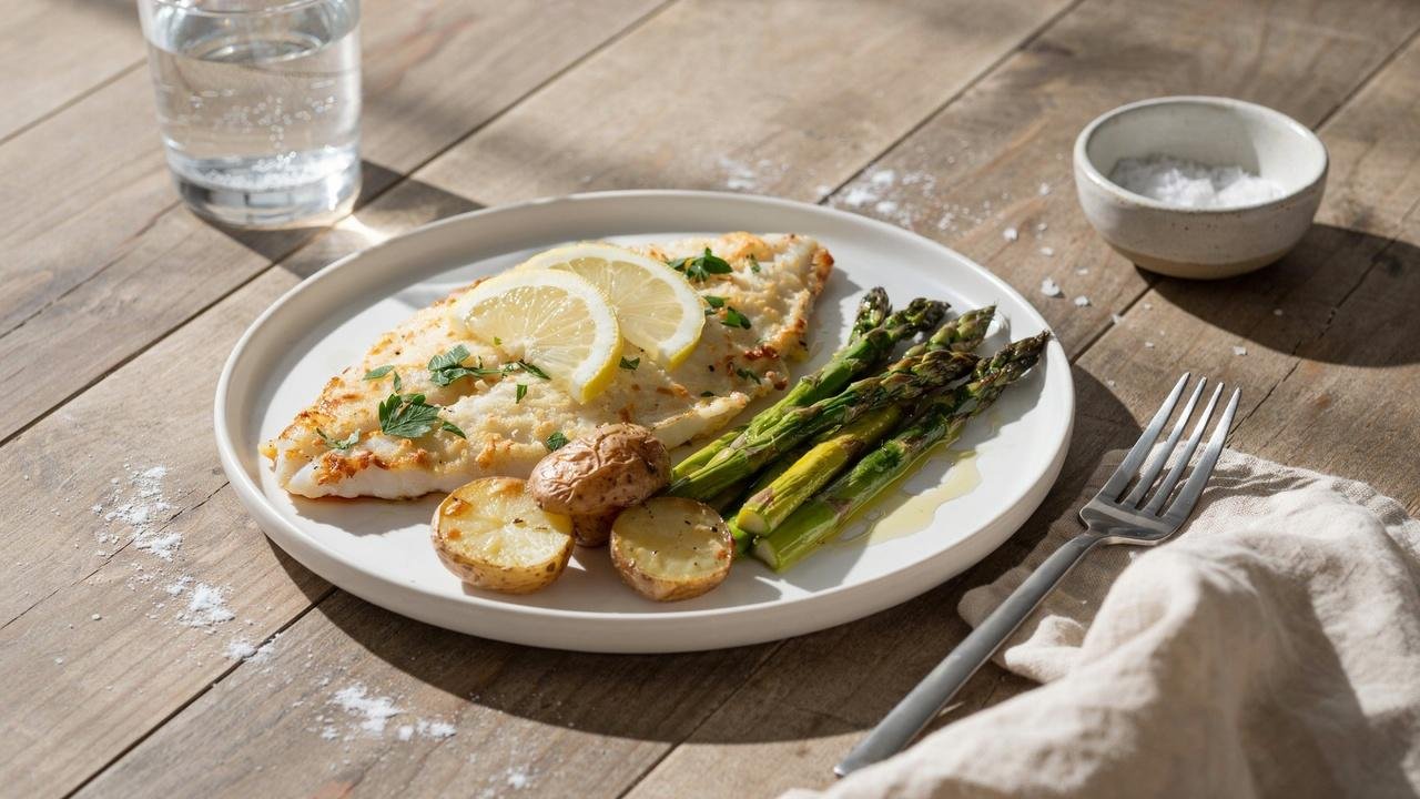 Easy baked flounder with Parmesan, lemon, roasted asparagus, and potatoes on a dinner plate.