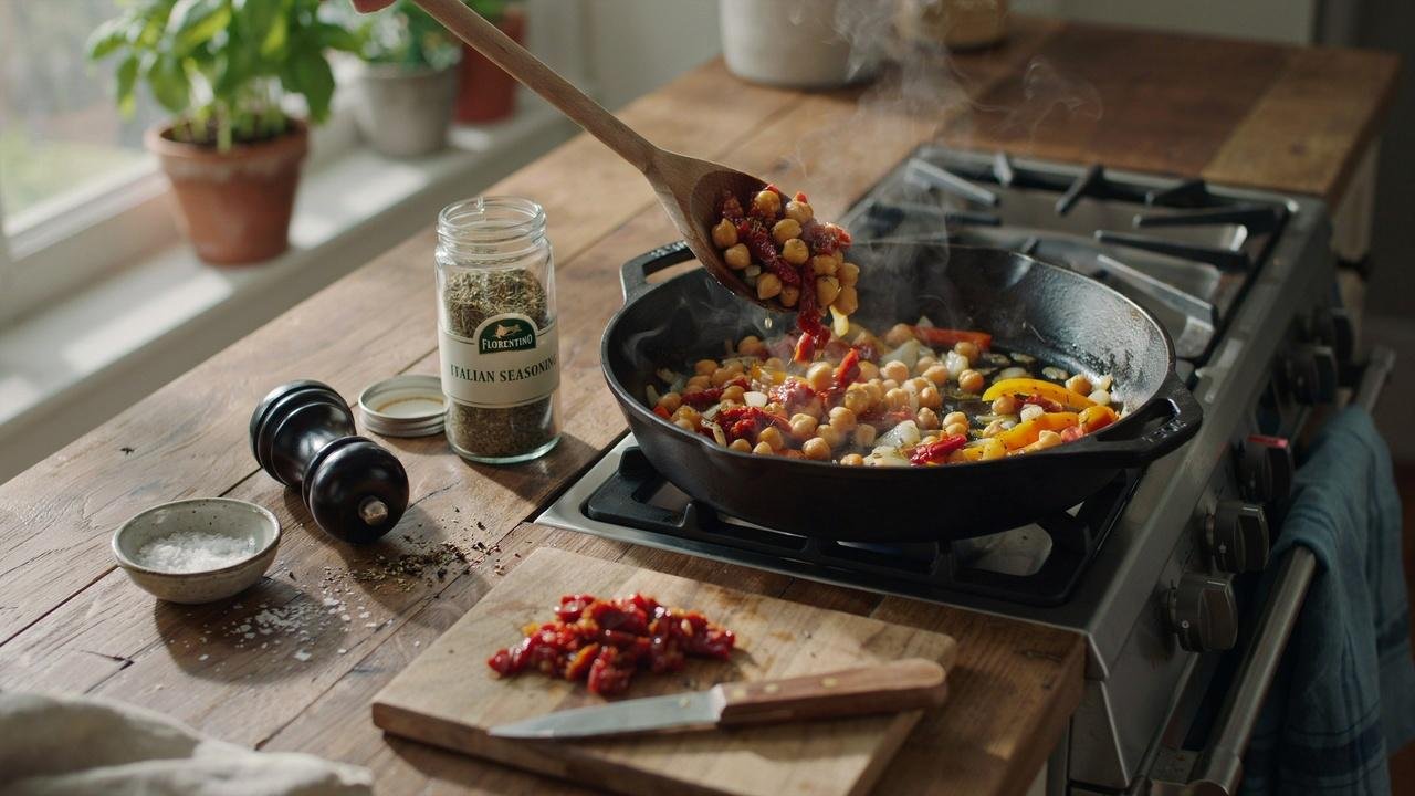 Chickpeas, sun-dried tomatoes, and Italian seasonings being mixed into a skillet before adding the creamy sauce.